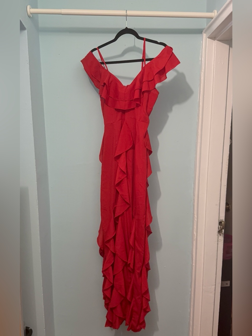 PrettyLittleThing Red Ruffle Off-Shoulder Maxi Dress with Straps